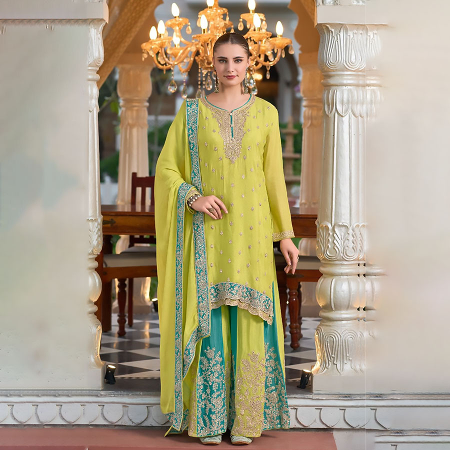 Sky blue & Yellow Silk Partywear Suit